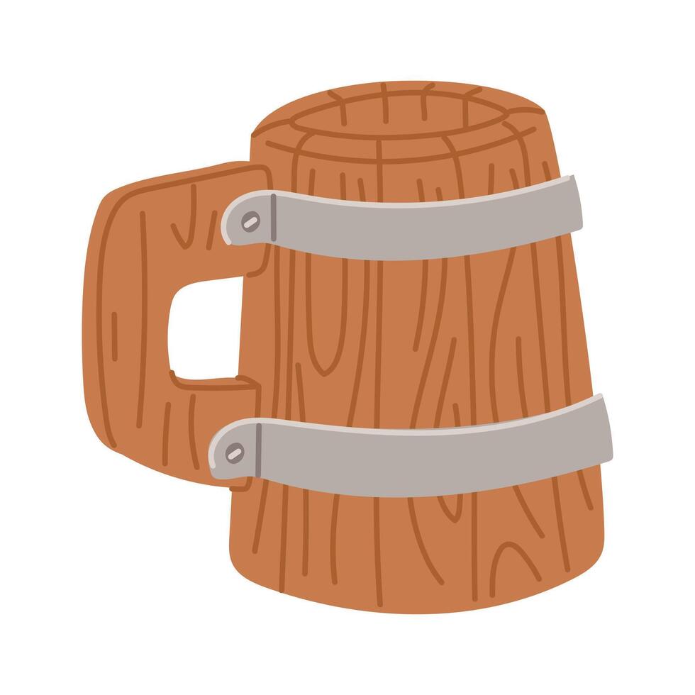 Wooden beer mug with handle for liquid and water. A flat insulated container with a handle. A wooden object is a mug, a glass with a handle. The wooden form is tied with metal plates vector