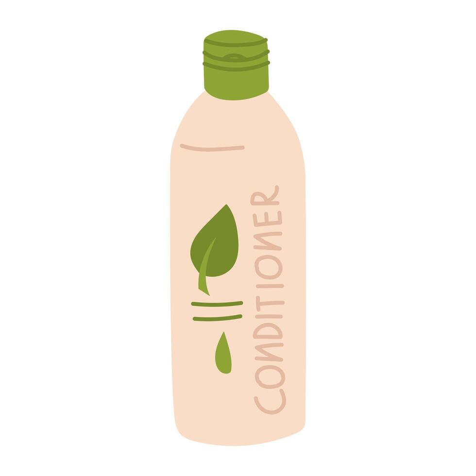 Cosmetics for hair care, highlighted on a white background. Conditioner for washing hair, flat illustration. flat elongated bottle with a name and leaves. Beige shape with the addition of green vector