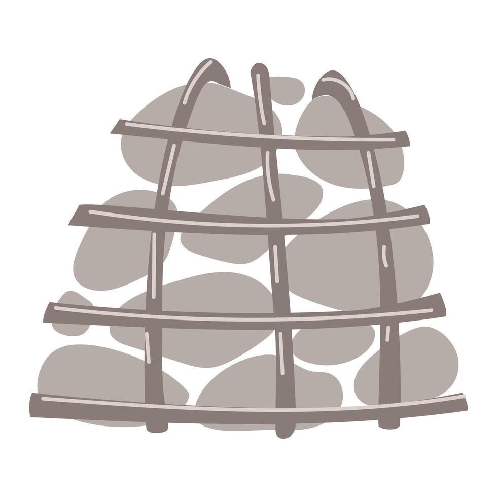 baths and saunas stove made of stones in a grid to create steam. an isolated object made of metal and a handful of stones. Equipment for baths, saunas, high temperature, humidity. Flat art of doodles. vector