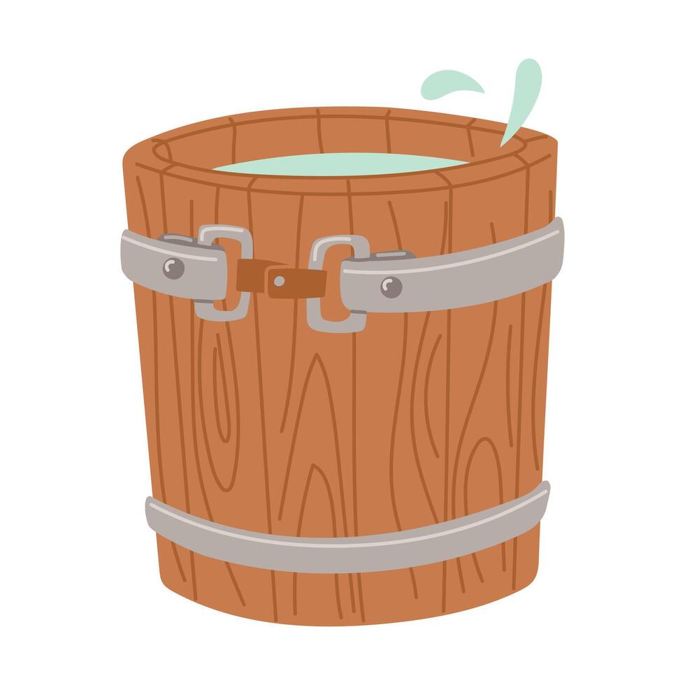 flat illustration of wooden barrel for bathhouse. Wooden vats with cold water, rustic baths, wooden basin, round handmade barrel for washing, sauna, spa or wine storage bowls, neat illustration vector