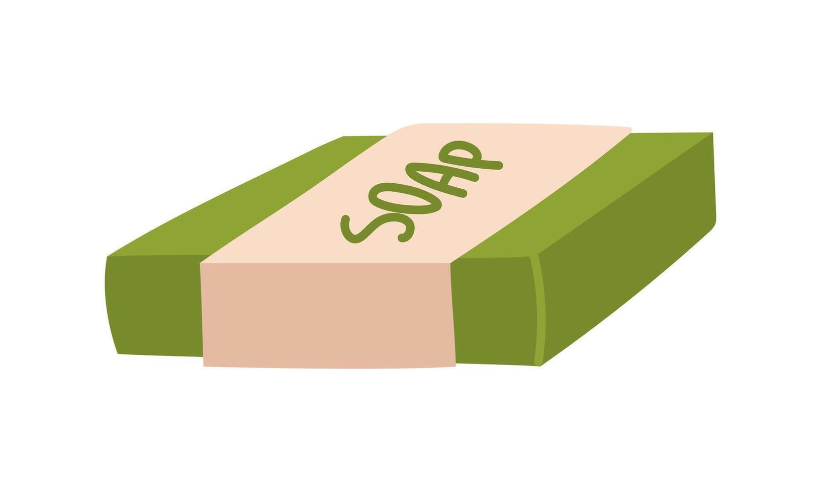 Flat rectangular green soap in a handmade package, natural, illustration. Body hygiene detergent and beauty products, for washing and cleaning. Use in the sauna, spa, bathroom vector