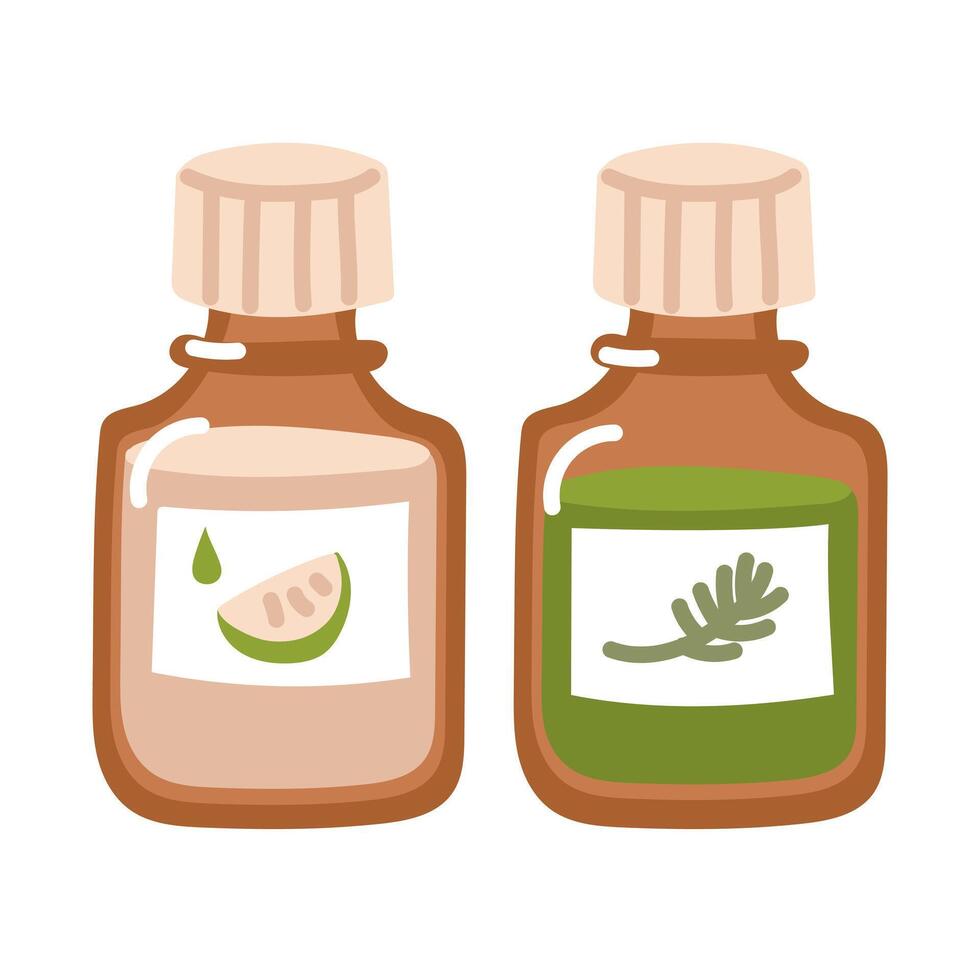 set of essential oils, aromatic oils of pine and citrus. Vials of dark amber glass with liquid and label of pine twig and lime, highlighted on a white background. illustration in a flat style. vector