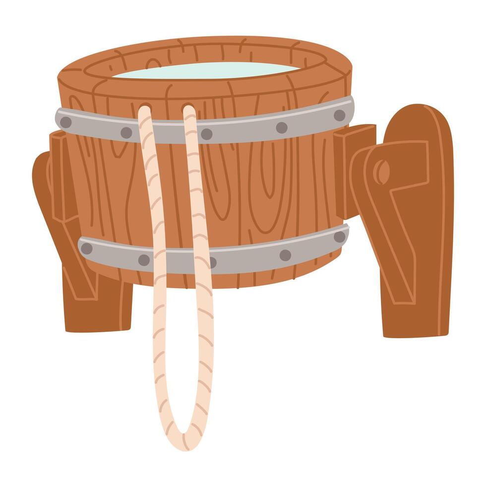 A flat illustration of a wooden barrel with a rope for a bath. Wooden vats with cold water, rustic baths, wooden basin, round handmade barrel for washing, sauna, spa or wine storage bowls, neat vector
