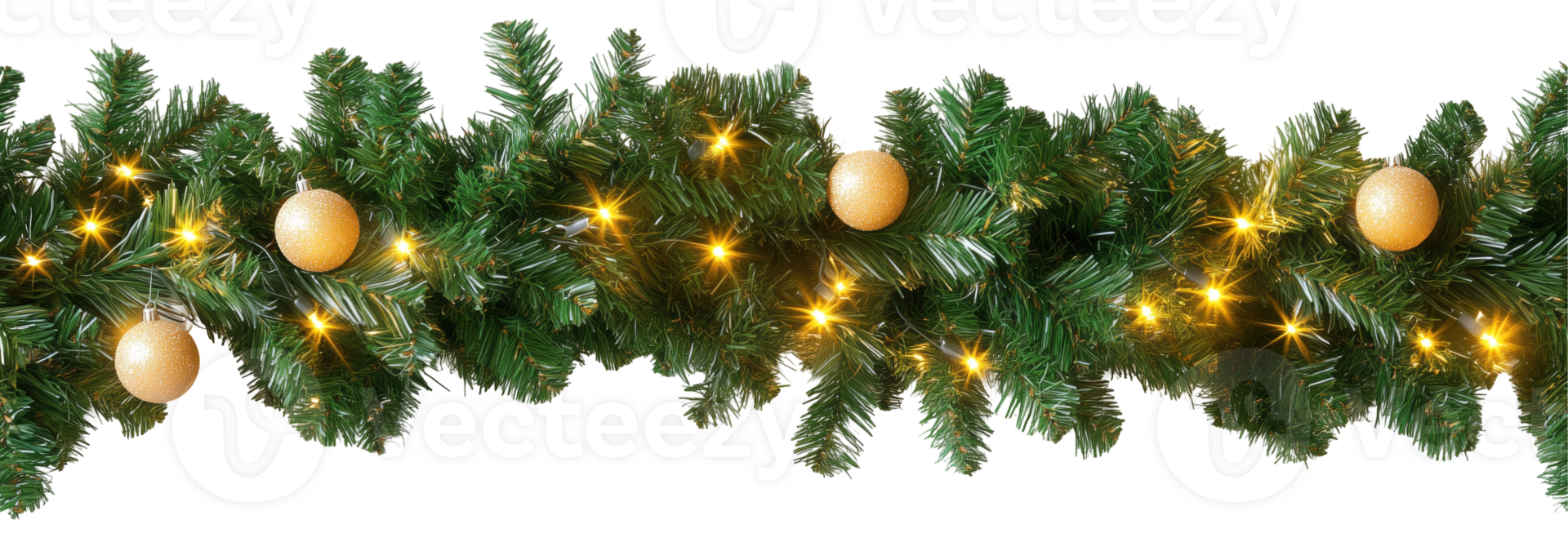 Festive Christmas garland seamless and endless with minimalist decor, green needles, lights for winter holiday decorations. Isolated on transparent background. png