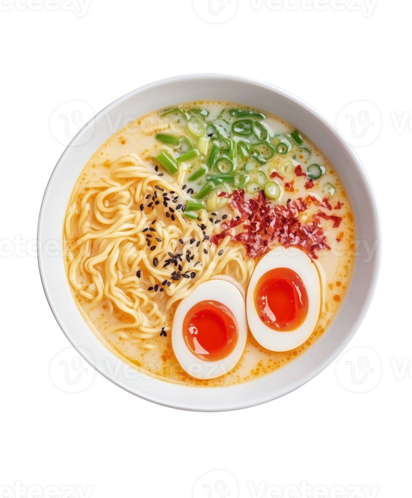 Hot bowl of spice ramen soup with noodles and tofu, egg in rich broth on isolated cut on transparent background. Japanese ramen soup with enoki mushrooms, wakame seaweed and green onions, Asian food. png