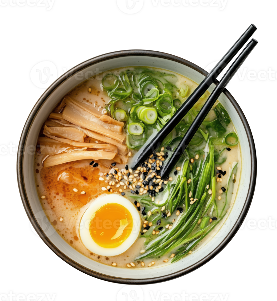 Hot bowl of veg miso soup with noodles and tofu, egg in rich broth on isolated cut on transparent background. Japanese ramen soup with enoki mushrooms, wakame seaweed and green onions, Asian food. png