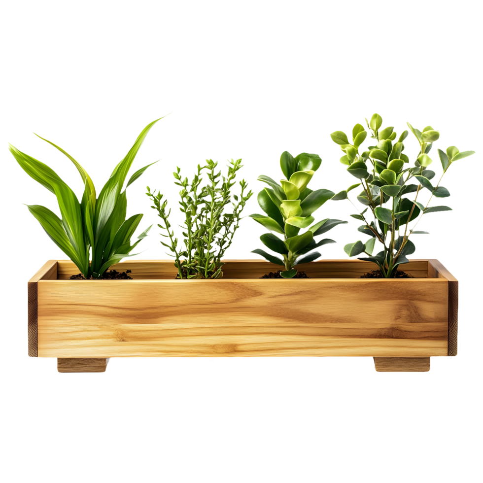 Wooden Planter Box Brimming with Fresh Green Plants Isolated on a Transparent Background png