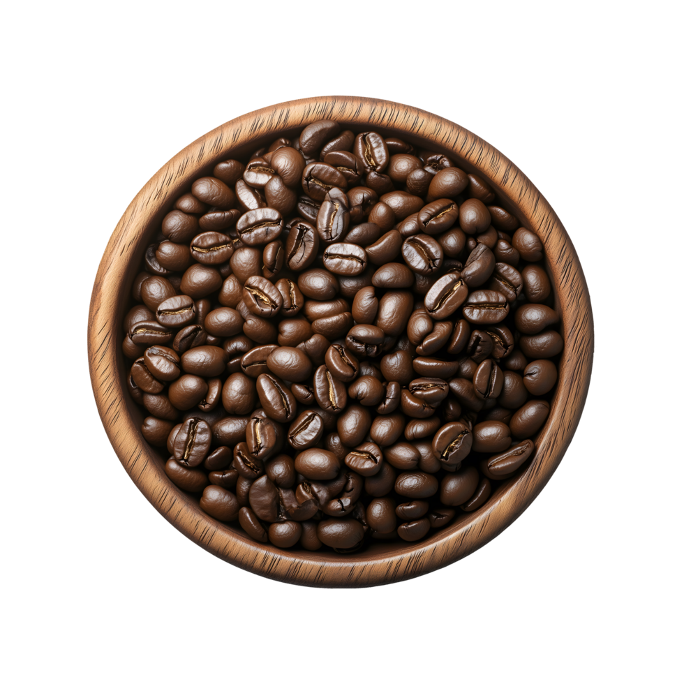 Rich and Bold Coffee Beans Resting in a Wooden Bowl, Perfectly Isolated for Use in Banners, Social Media Posts, and Promotional Content. png