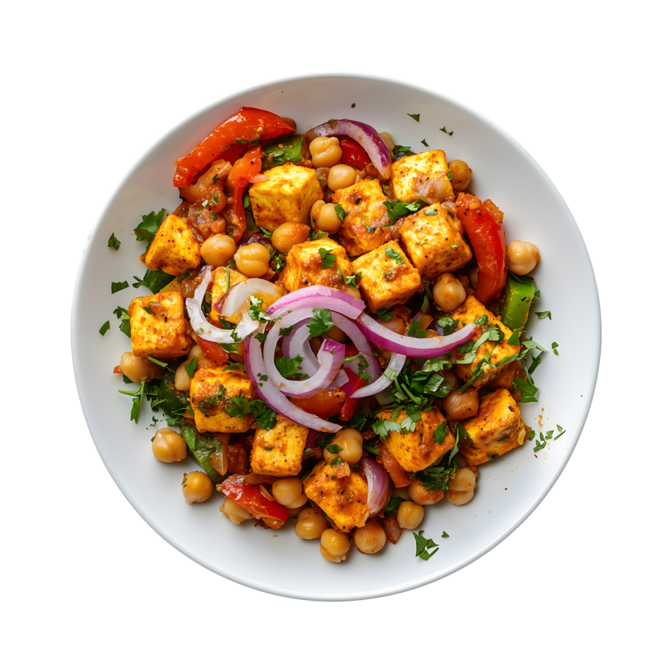 Delicious Paneer and Chickpea Mix, Freshly Served with Chopped Vegetables png