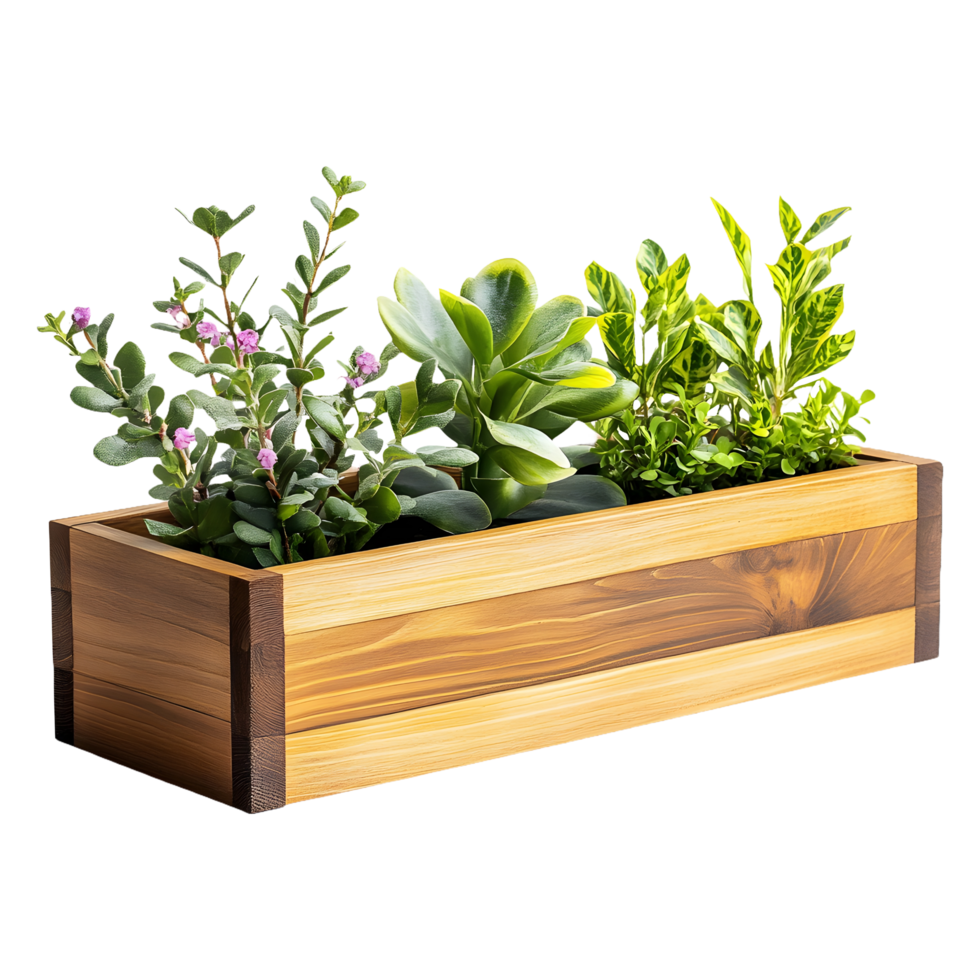 Floral Display Wooden Planter with Clear Background png