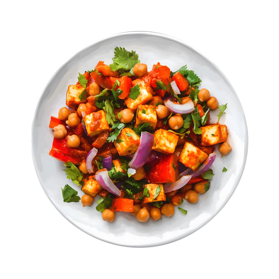 Delicious Paneer and Chickpea Mix, Freshly Served with Chopped Vegetables Isolated on Transparent Background for Food Ads png
