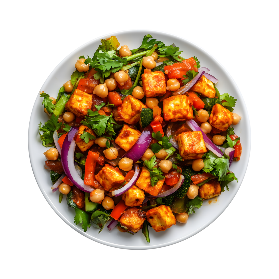 Fresh and Tasty Indian Paneer Dish on a White Plate, Mixed with Chickpeas Perfect for Transparent Background Banners png