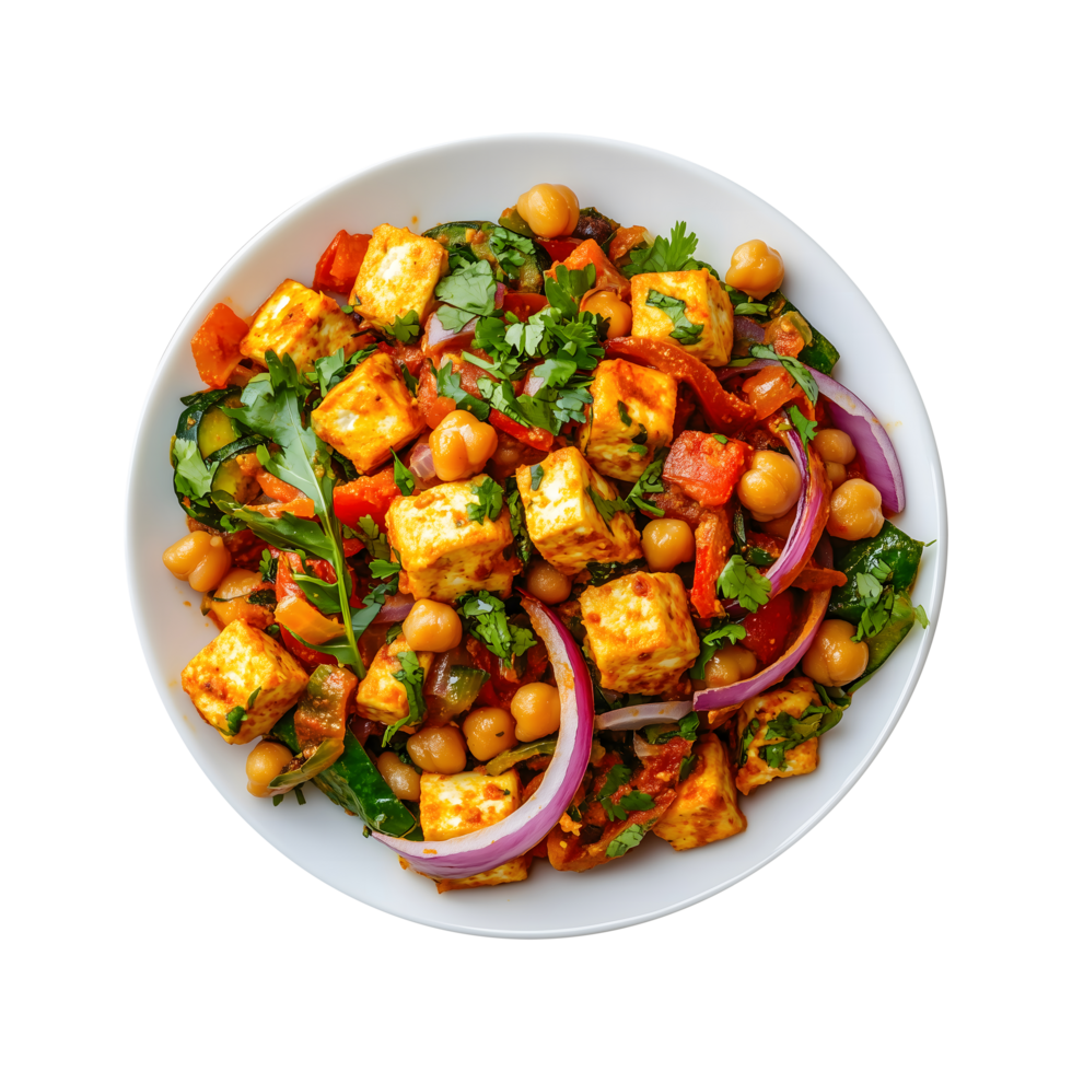 Indian Paneer Delight on White Plate, Fresh Veggies and Chickpeas for Social Media Post Isolated on Transparent Background png