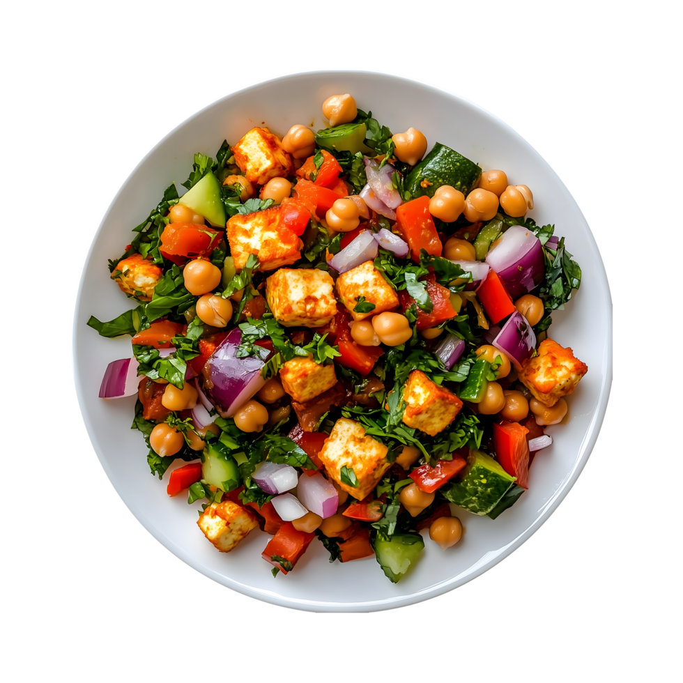 Flavorful Paneer Dish with Red Onions, Chickpeas, and Vegetables Isolated on Transparent Background for Vibrant Food Ads png
