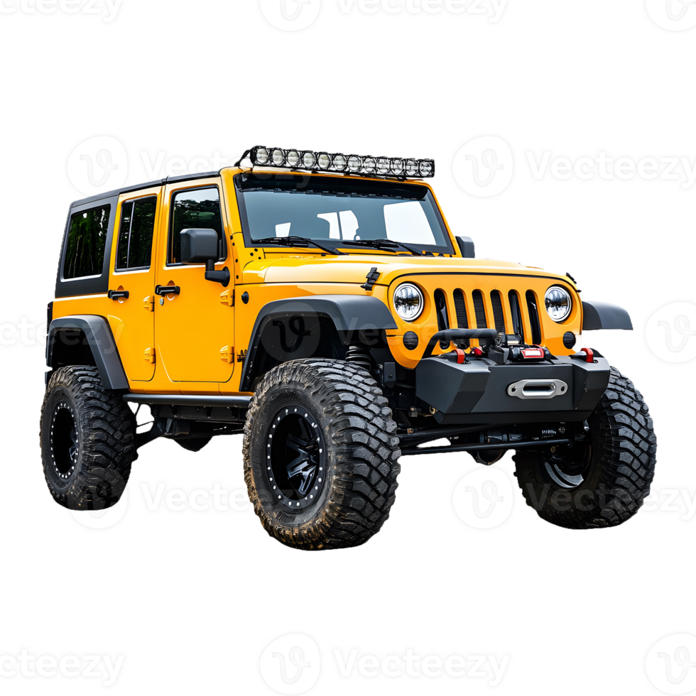 Explore the Wilderness with a Rugged Off-Road Yellow Jeep Car, Ideal for Travel Banners, Social Media Covers, and Product Marketing png