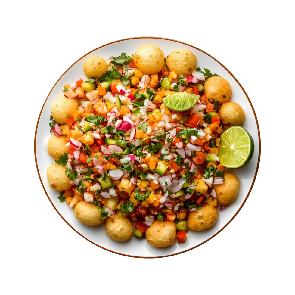 Delicious Plate of Indian Bhel Puri or Pani Puri with Colorful Veggies and Lime Isolated on Transparent Background for Snack and Food Promotions png
