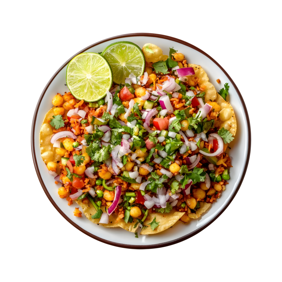 A Plate of Indian Bhel Puri or Pani Puri with Lime and Colorful Vegetables on Transparent Background Ideal for Food Posts, Banners, and Snack Covers png