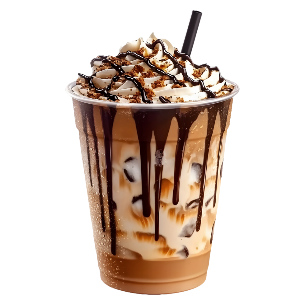 Refreshing and Sweet Iced Coffee with Caramel and Chocolate Topping, Isolated on a Transparent Background, Perfect for Banners and Social Media png