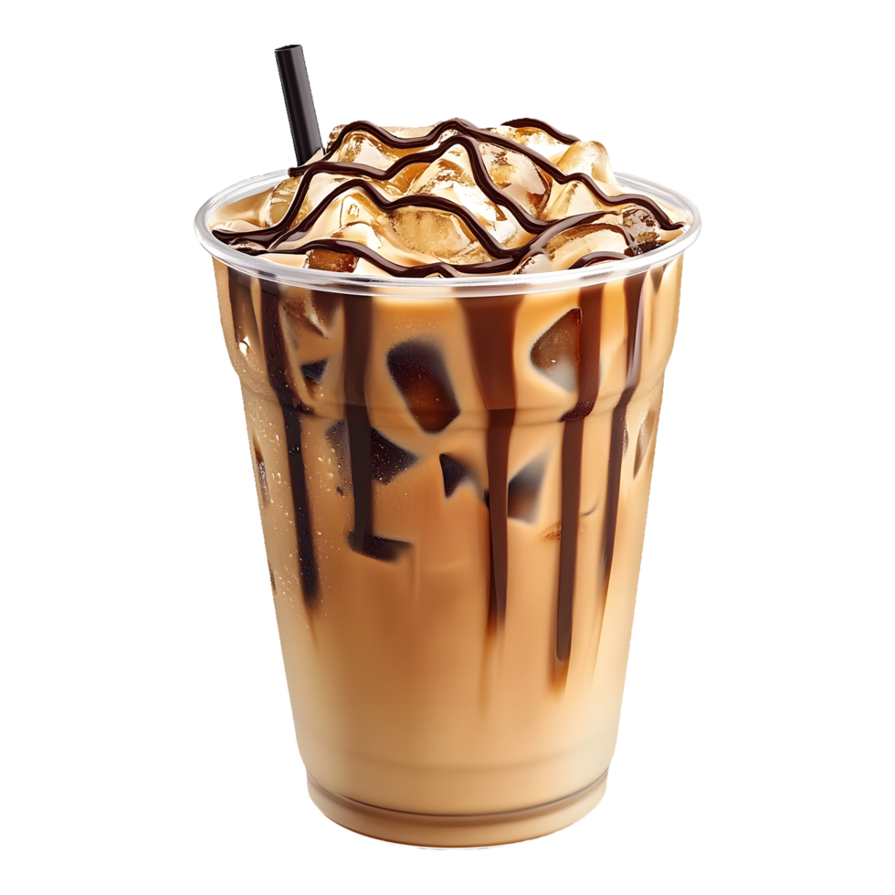 Cool Iced Coffee Topped with Chocolate and Caramel Drizzle, Ideal for Marketing Use, Isolated on a Transparent Background for Perfect Branding png