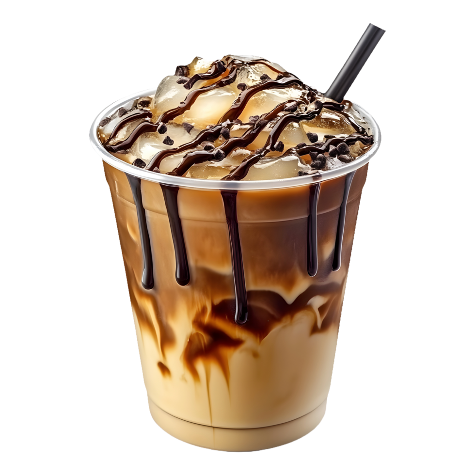 Tasty Iced Coffee with Rich Chocolate and Caramel Drizzle, Isolated on a Transparent Background, Great for Product Banners and Social Media Use png