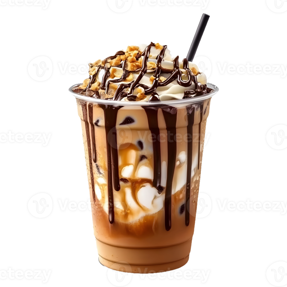Cup of Refreshing Iced Coffee with Caramel and Chocolate Drizzle, Perfectly Isolated on a Transparent Background for Branding or Social Media png