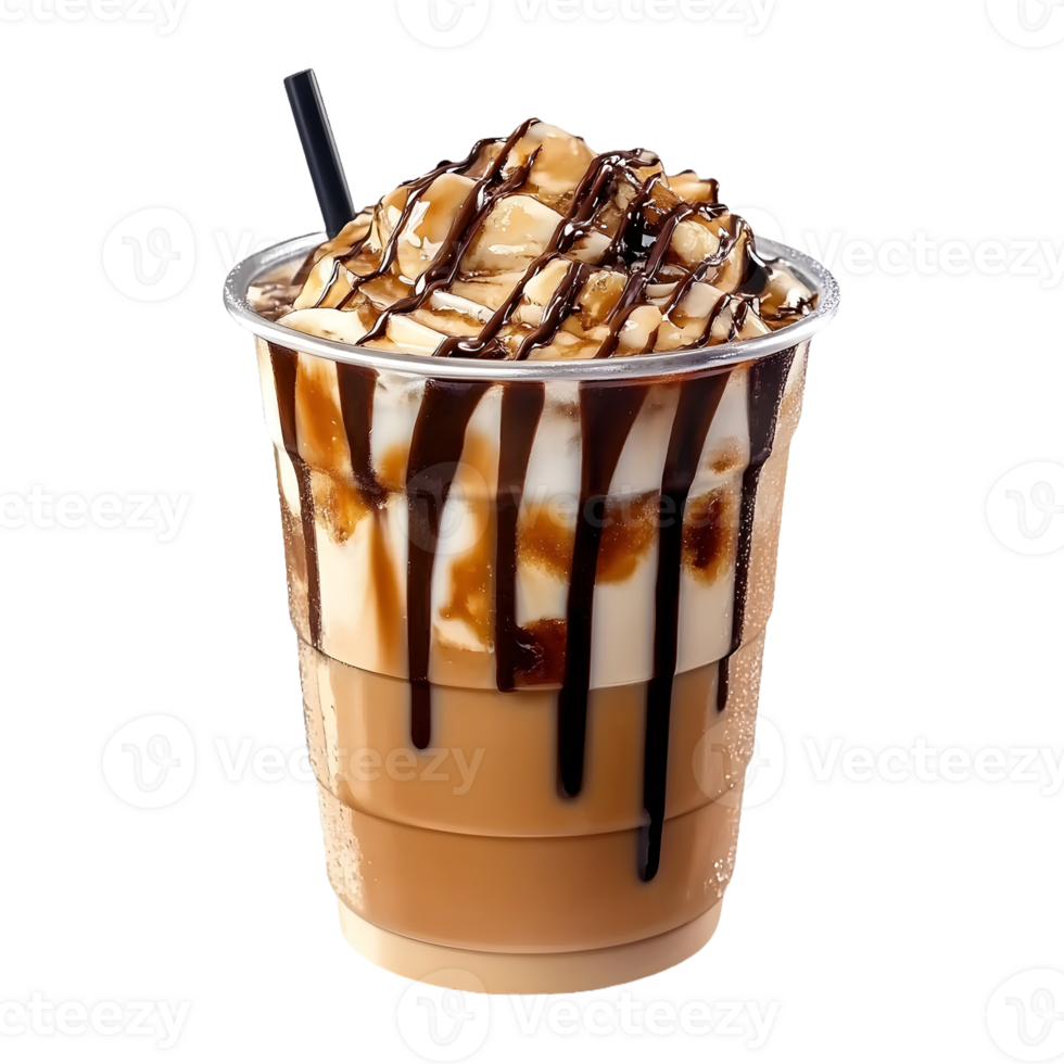 Delicious Iced Coffee Drink with Caramel and Chocolate Topping, Isolated on Transparent Background, Ideal for Social Media and Product Marketing png
