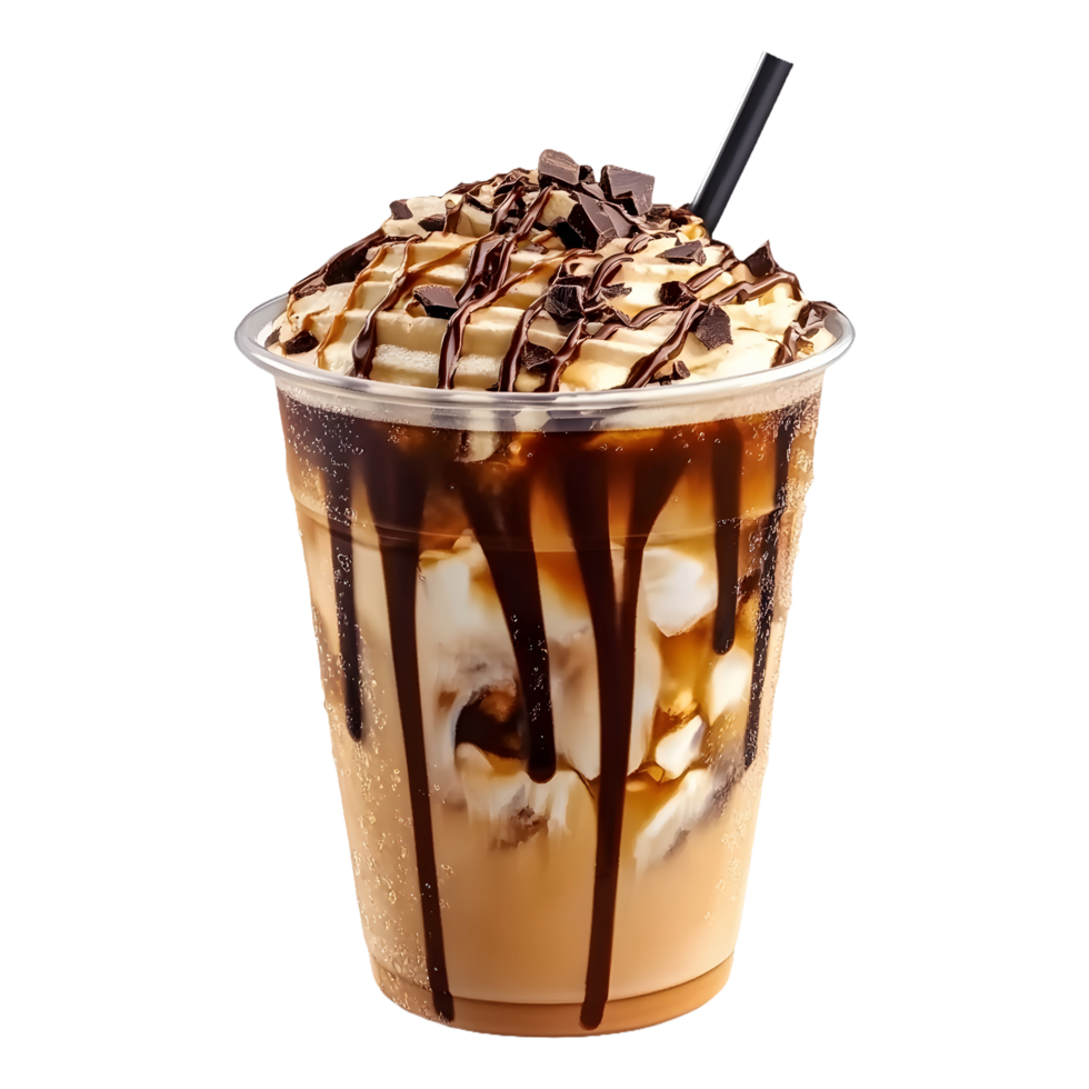 Cool, Refreshing Iced Coffee with a Caramel and Chocolate Drizzle, Isolated on Transparent Background, Ready for Product Banner or Social Media png