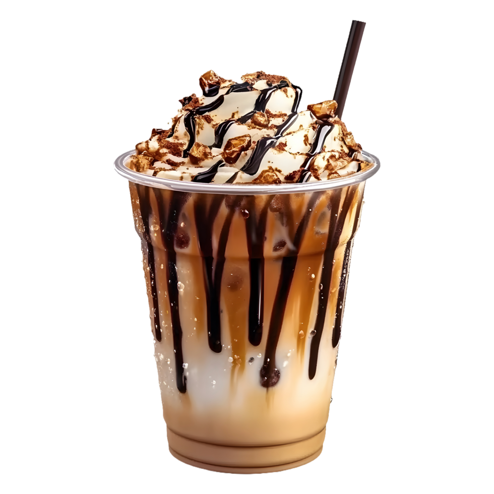 Sweet Iced Coffee with Chocolate and Caramel Toppings, Perfectly Isolated on a Transparent Background for Product Promotion or Social Media png