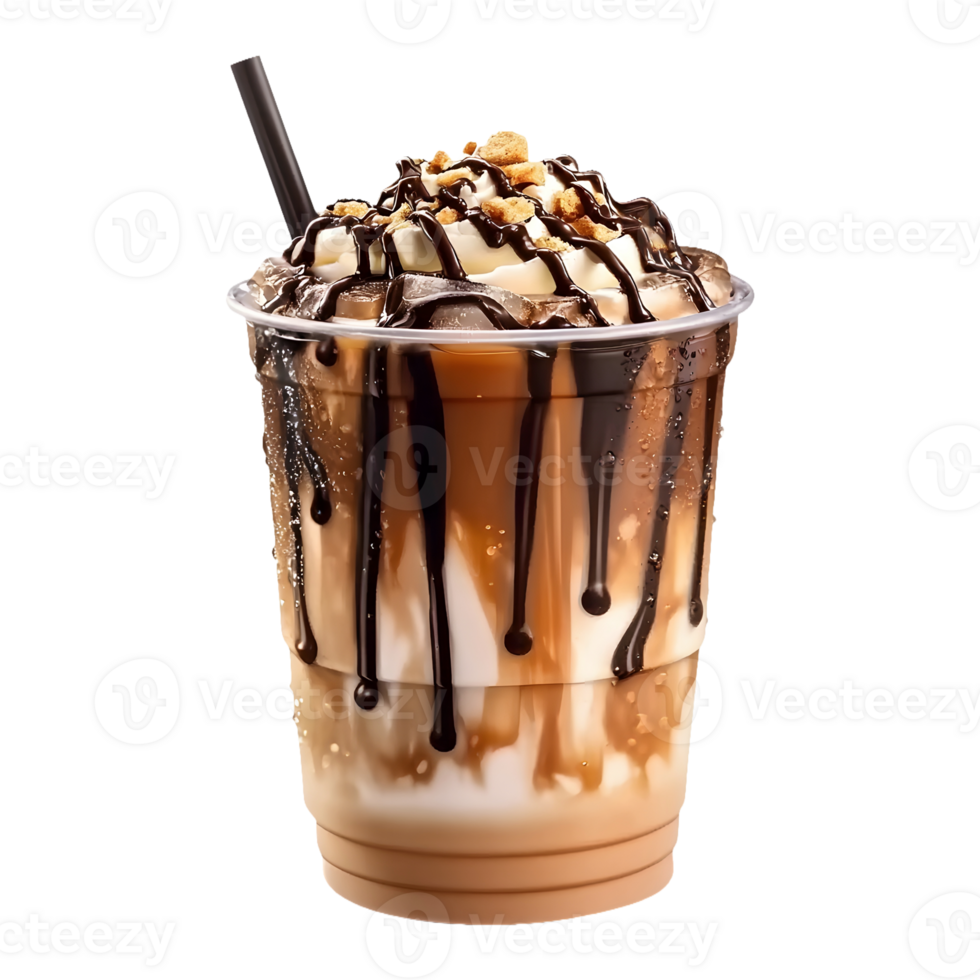 Chocolatey Caramel-Drizzled Iced Coffee Cup, Isolated on a Transparent Background, Perfect for Use in Banners, Social Media Posts png