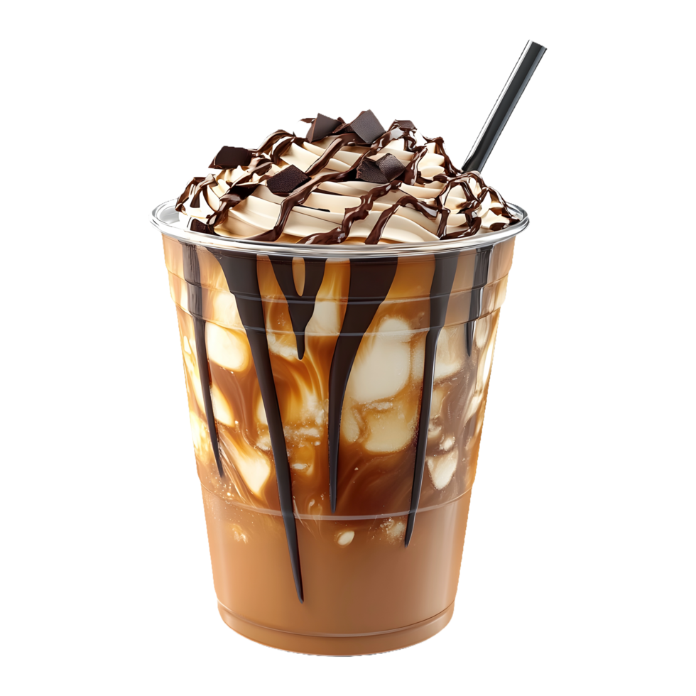 Delicious Iced Coffee with a Swirl of Caramel and Chocolate Topping, Isolated on Transparent Background, Perfect for Product Banner png