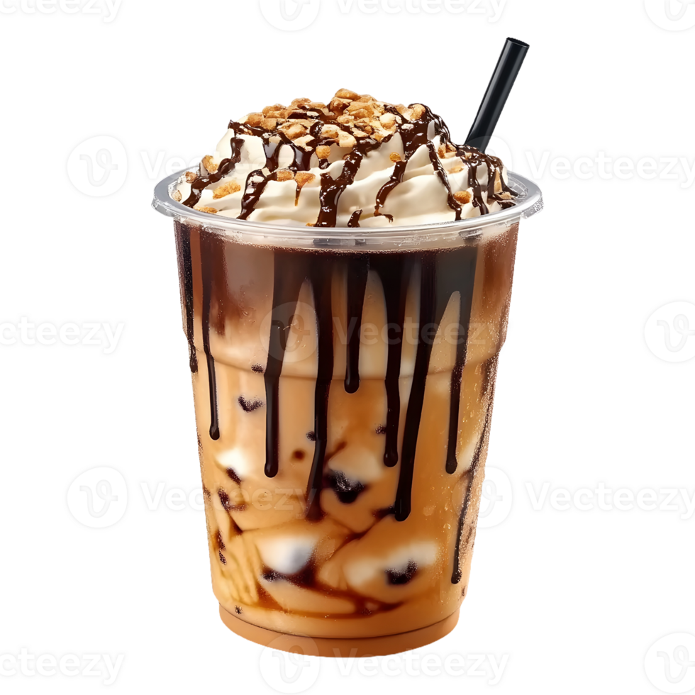 Refreshing Iced Coffee with Caramel and Chocolate Drizzle, Isolated on a Transparent Background, Ideal for Marketing and Social Media Use png
