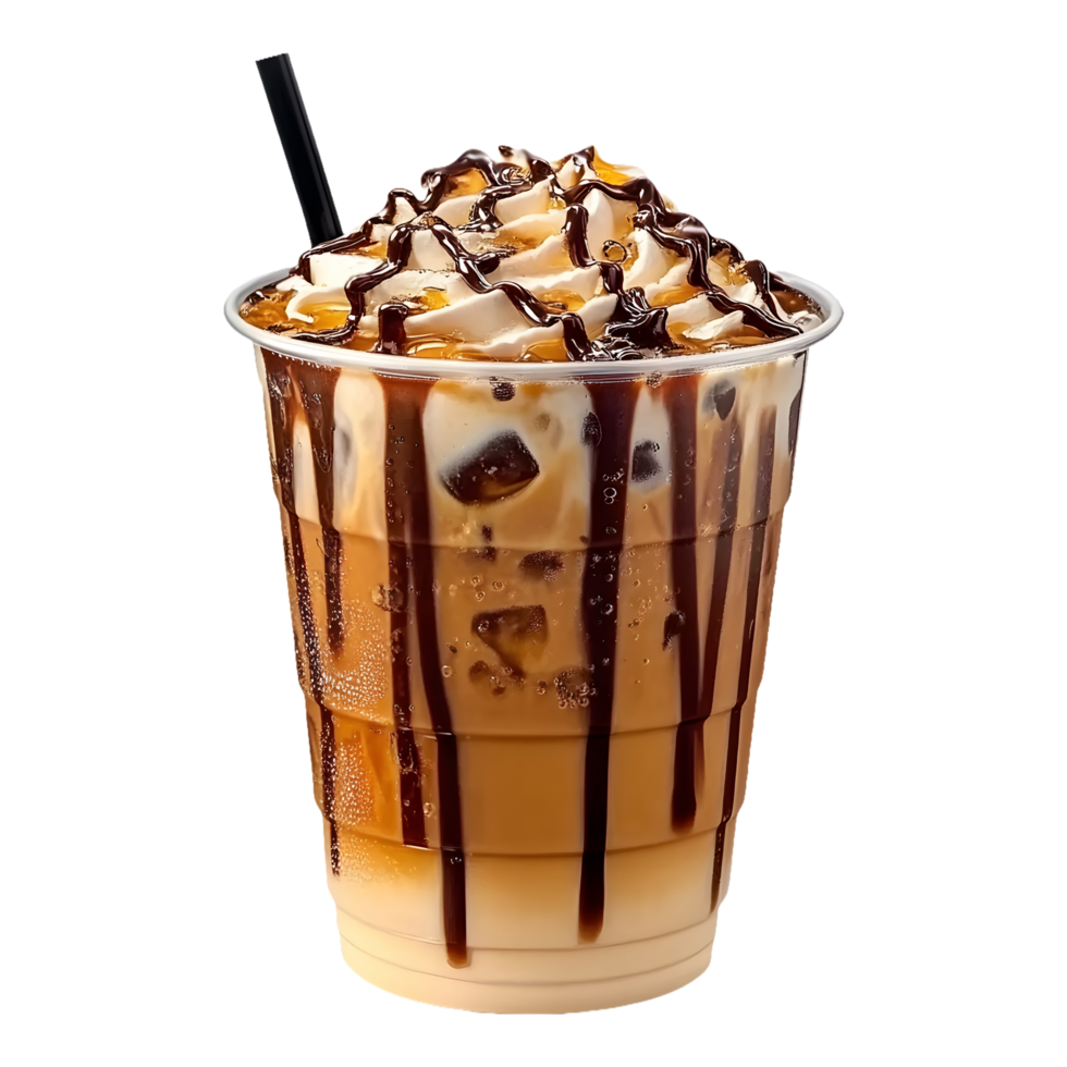 Cup of Indulgent Iced Coffee Drizzled with Chocolate and Caramel, Perfect for Product Marketing, Social Media Posts, Isolated on Transparent Background png