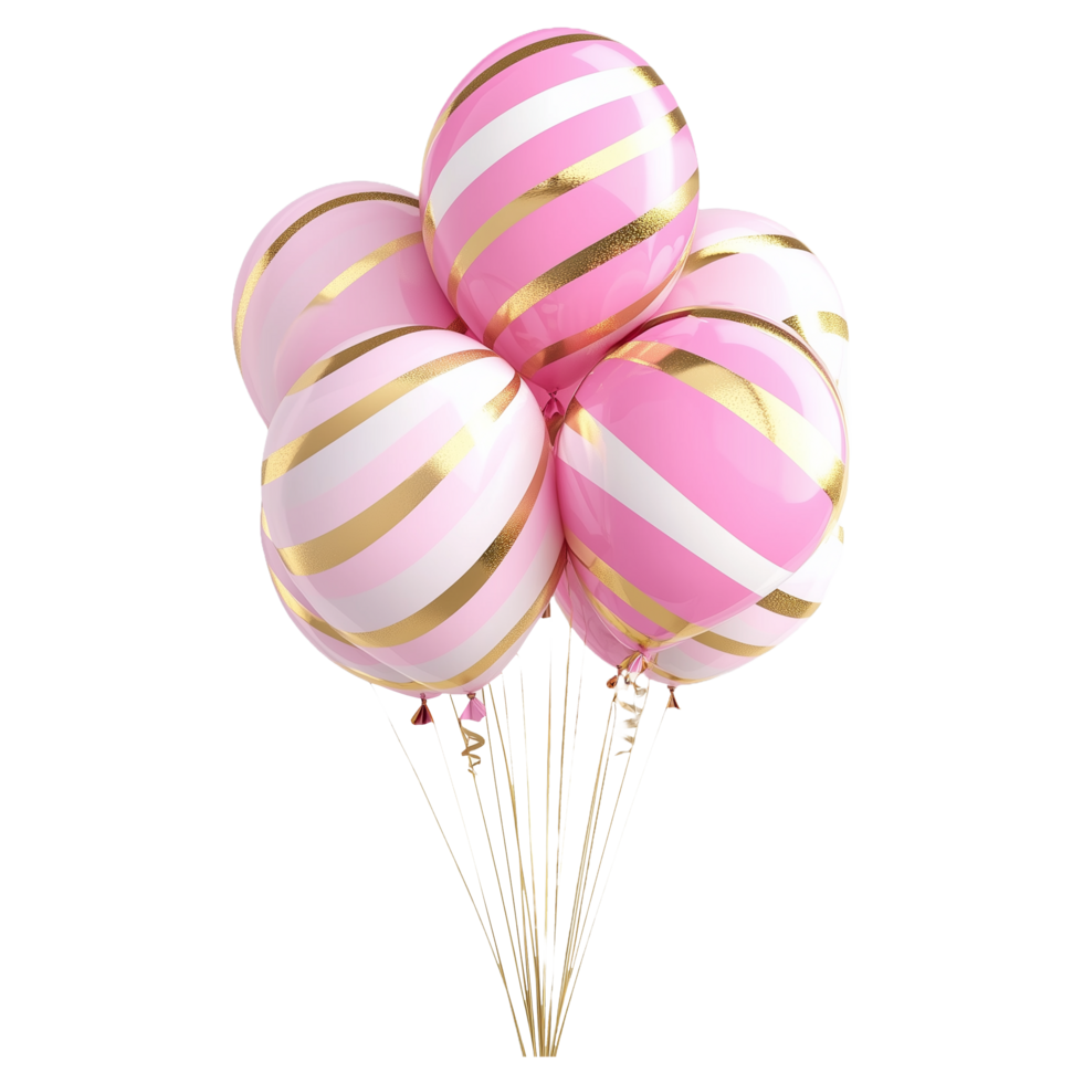 A bunch of pink and golden striped balloons isolated on a transparent background png