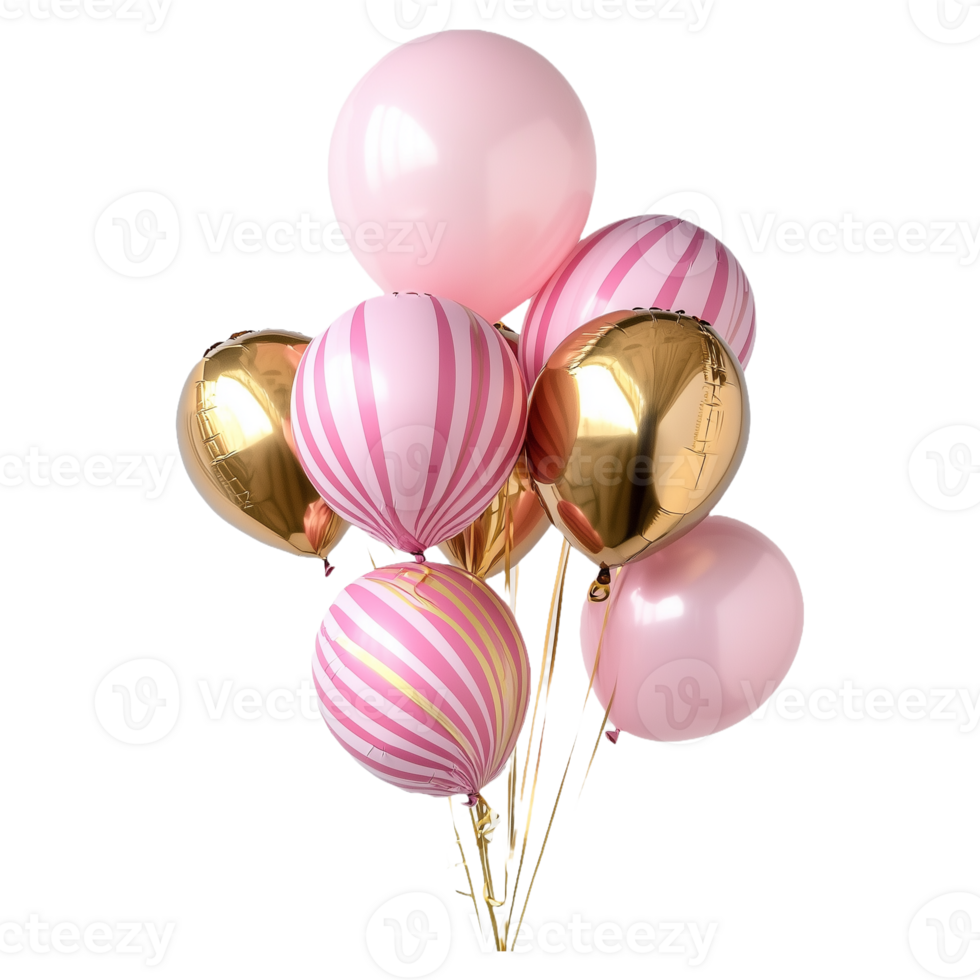 a pink and gold balloon with a gold striped ribbon with a white stripe isolated on a transparent background png