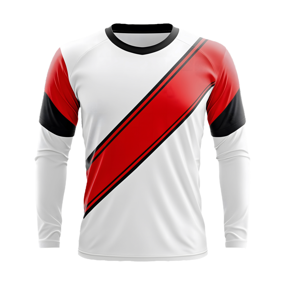 a red and white Long sleeve jersey with a red stripe on the front isolated on a transparent background png