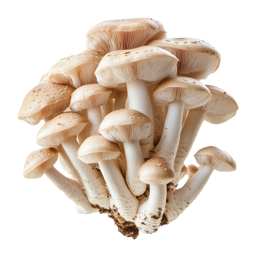 Group of Edible Oyster Mushrooms with White Caps and Brown Stems Isolated on Transparent Background png