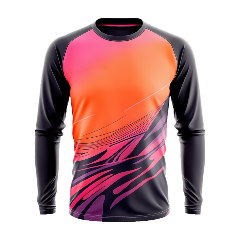 a black and orange soccer jersey shirt with a red and orange texture design isolated on a transparent background png