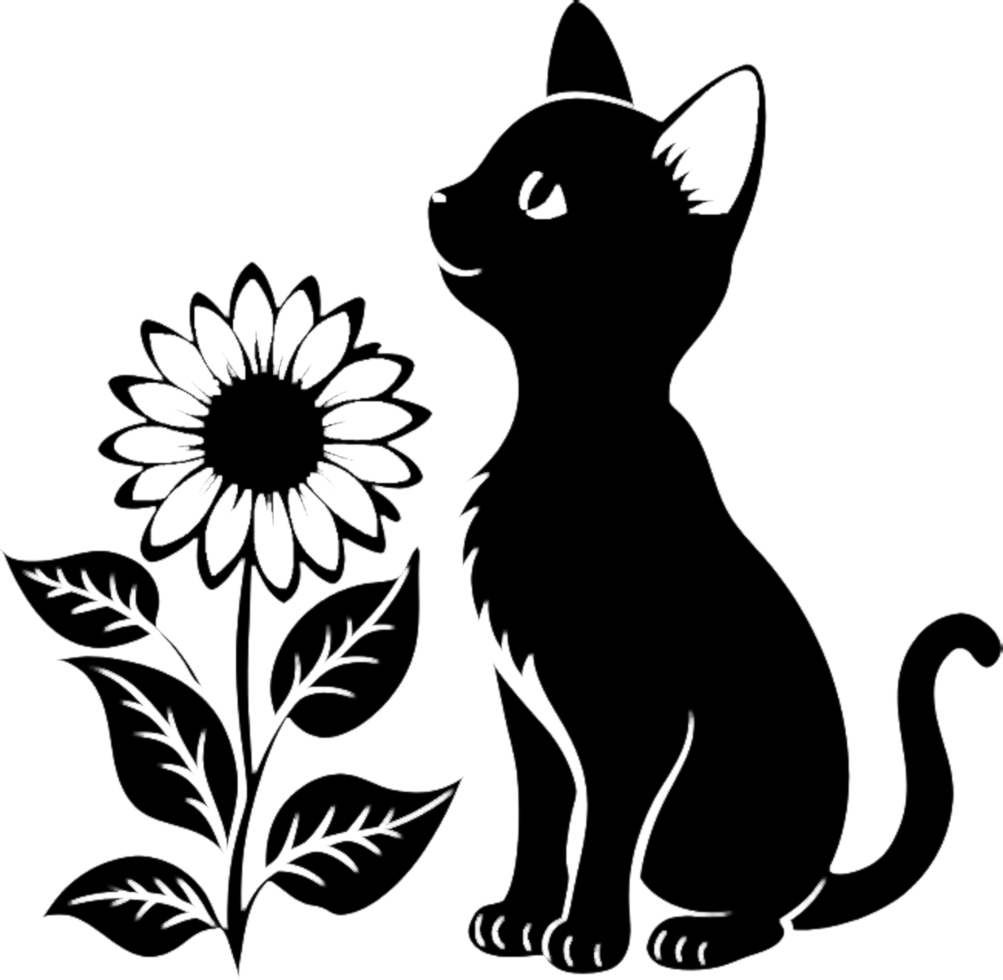 Black stencil of kitten decorated with flowers. . png