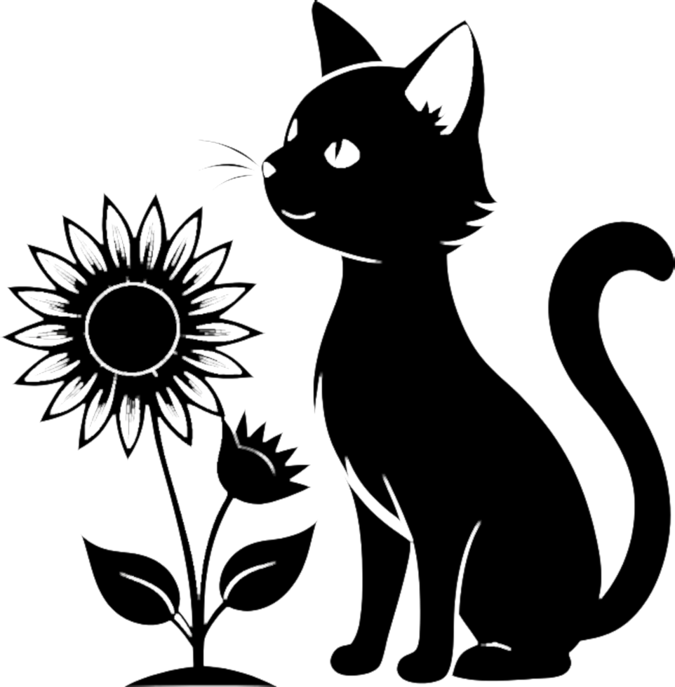 Cute kitten and flowers stencil in black. . png