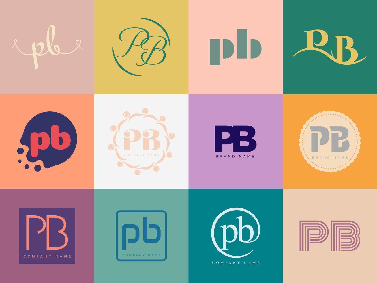 PB logo company template. Letter p and b logotype. Set different classic serif lettering and modern bold text with design elements. Initial font typography. vector
