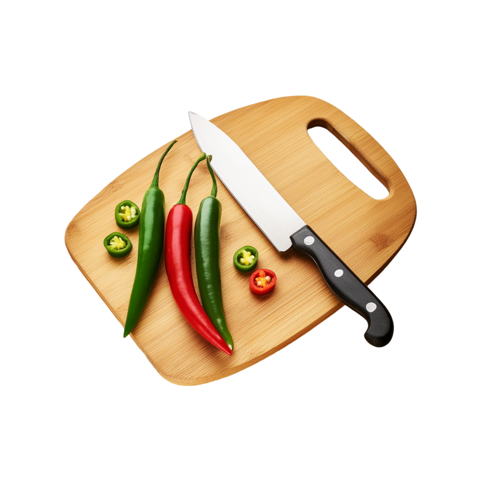 Wooden chopping board and knife with red and green chili on transparent background png