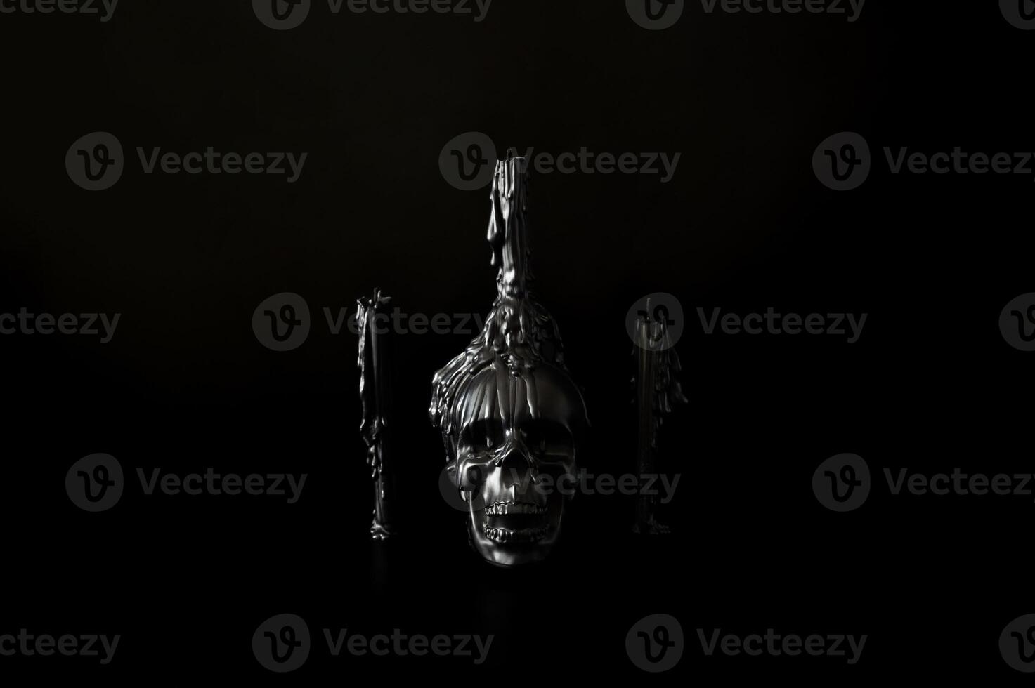 Halloween background with skull that have candle on it with another candles on black background. Minimal concept. photo
