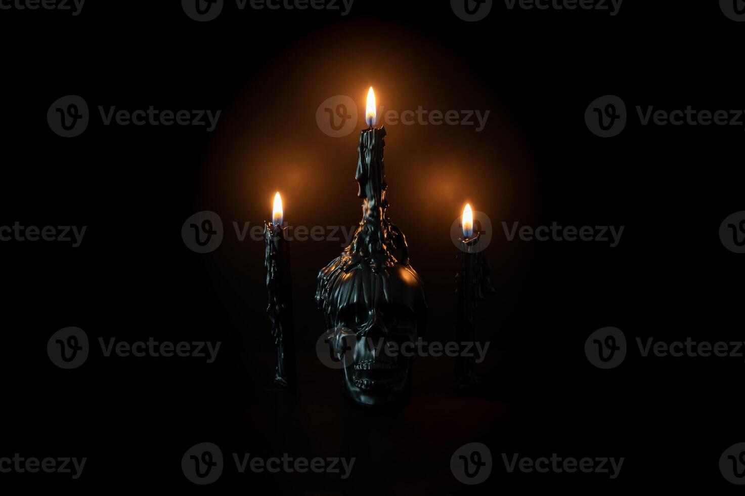 Halloween background with skull that have light candle on it with another candles on black background. Minimal concept. photo