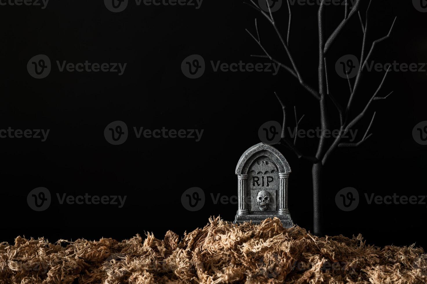 Halloween background with tombstone that have black tree with dried grass on black background. Minimal concept. photo
