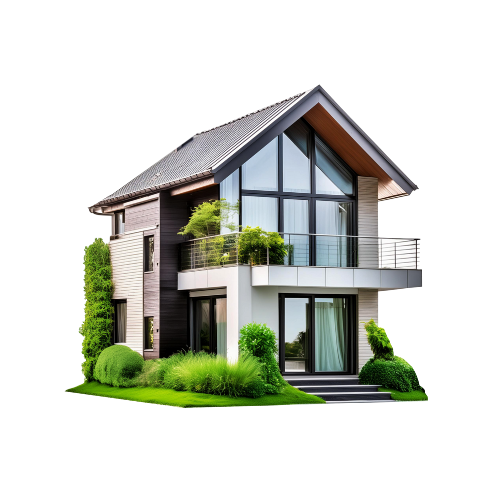 Beautiful Modern house with green plant on transparent background png