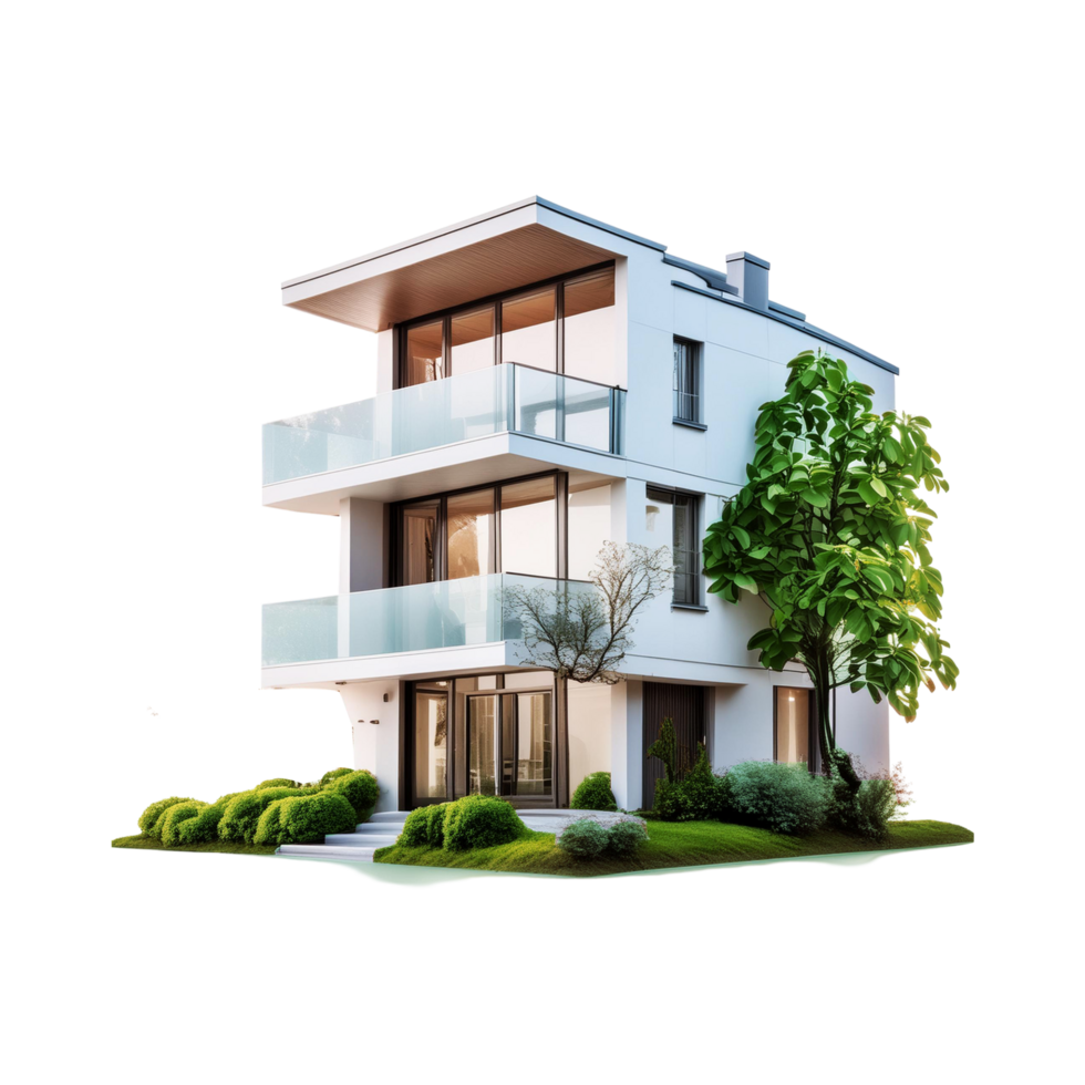 Beautiful Modern house with green tree on transparent background png