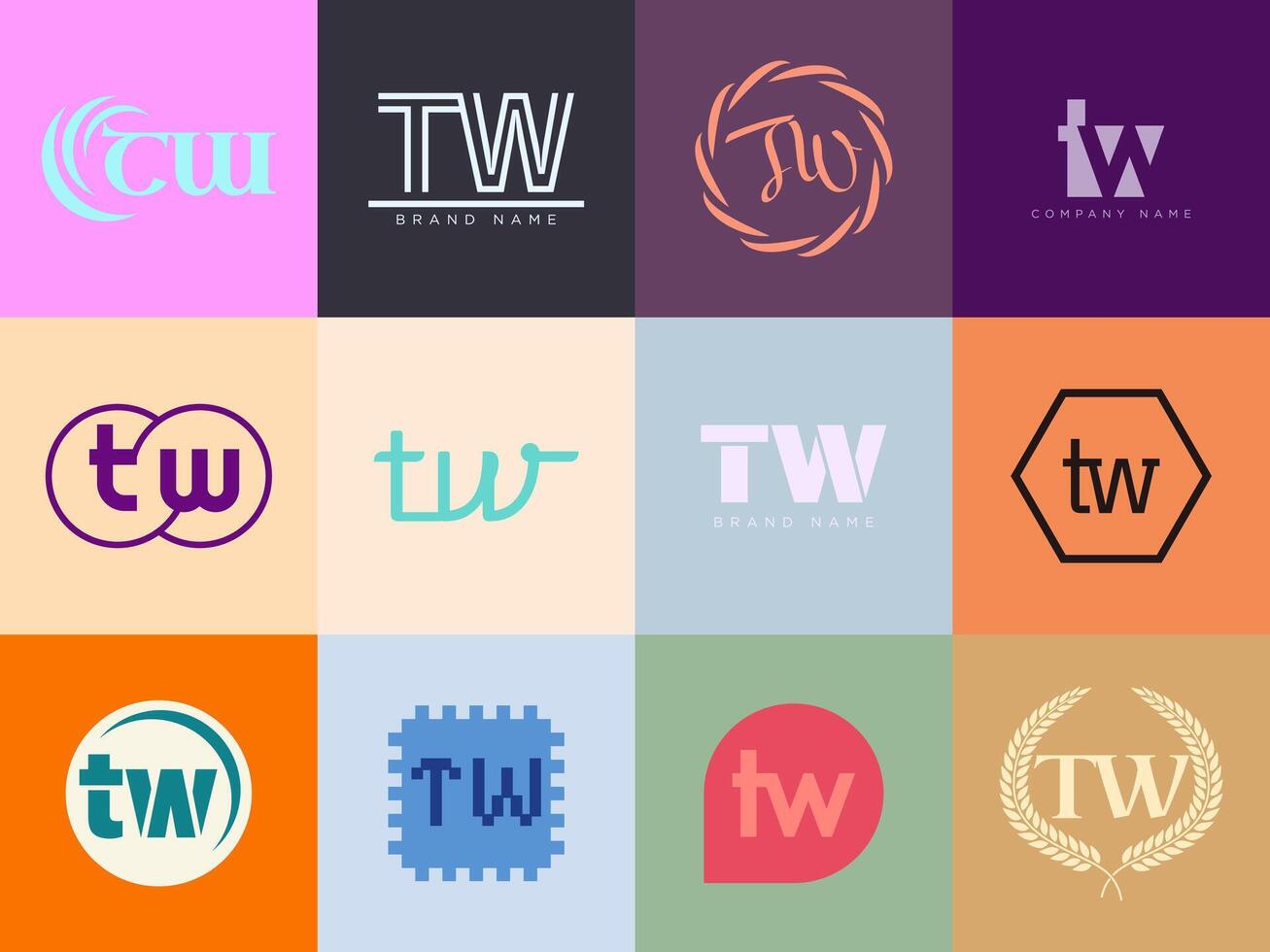 TW logo company template. Letter t and w logotype. Set different classic serif lettering and modern bold text with design elements. Initial font typography. vector