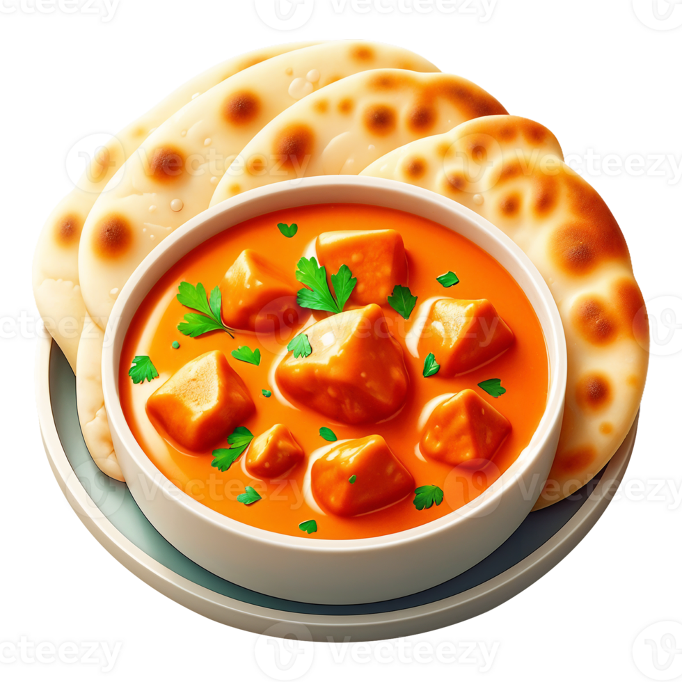 Indian Butter Chicken with Naan Bread. 3D Butter Chicken. Authentic 3D Realistic Food Icon. Creamy Tomato-Based Curry with Tender Chicken and Soft Naan. Indian Street Food Menu 3D Icon. Indian Food. png