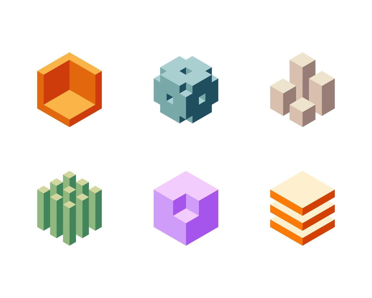 Cube logo, geometric design. Set box logotype company, trendy techno emblem in isometric 3D style. vector