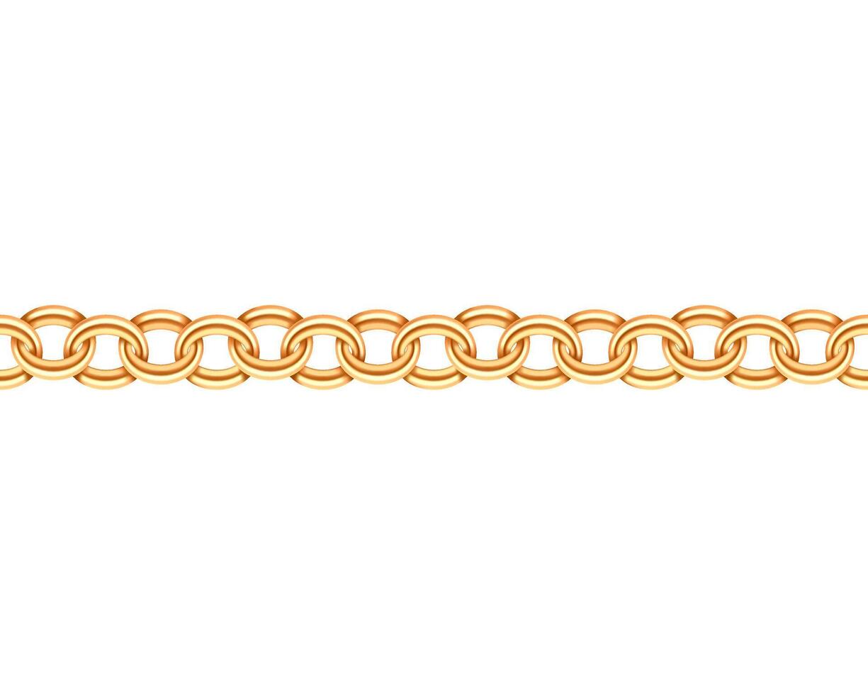 Golden chain seamless texture. Realistic gold chains link isolated on white background. Jewelry chainlet three dimensional design element. vector